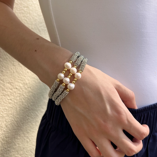 Pulsera dos perlas plateada